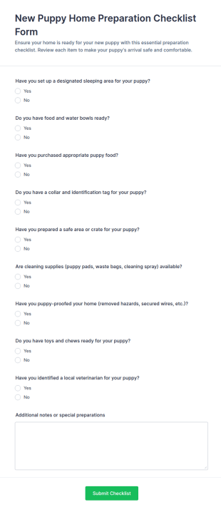 New Puppy Home Preparation Checklist Form Template