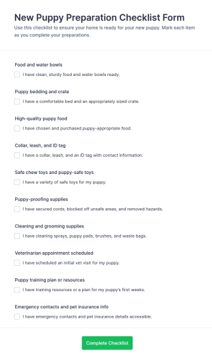 New Puppy Preparation Checklist Form Template