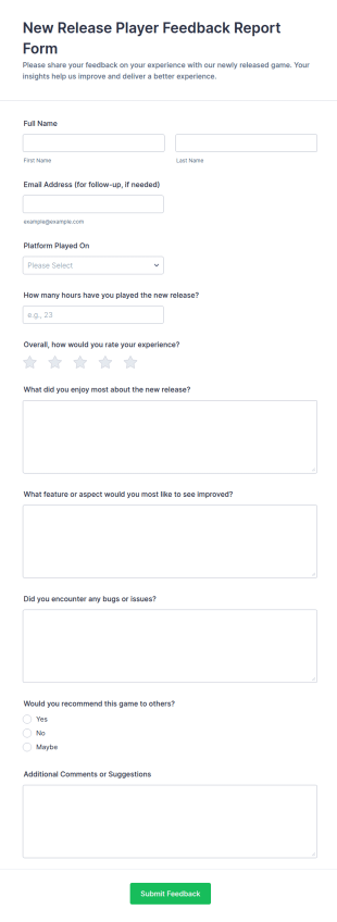 New Release Player Feedback Report Form Template