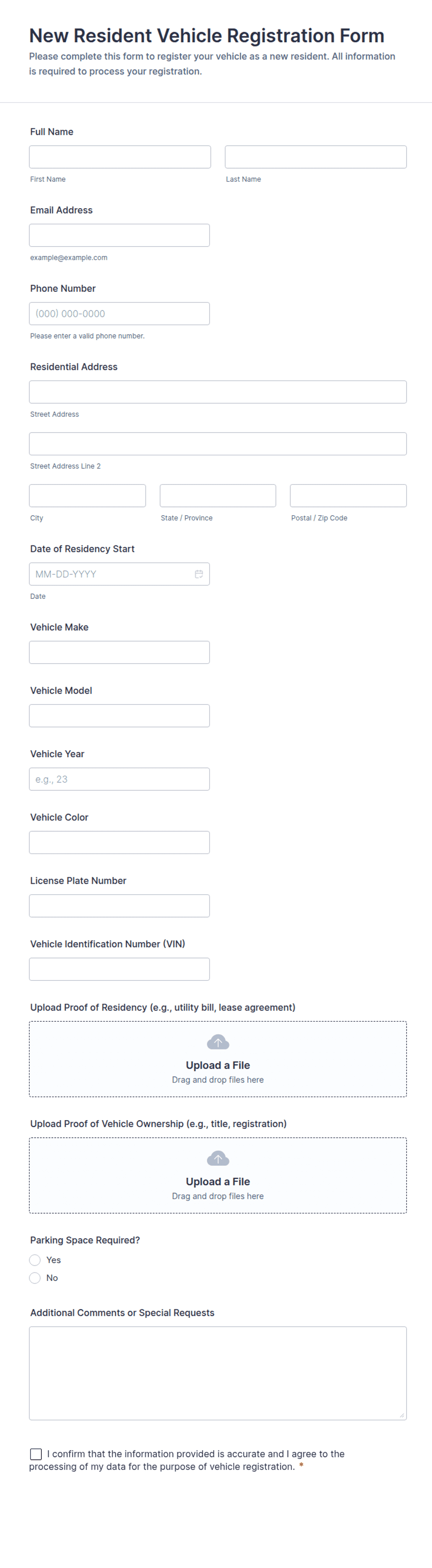 New Resident Vehicle Registration Form Template | Jotform