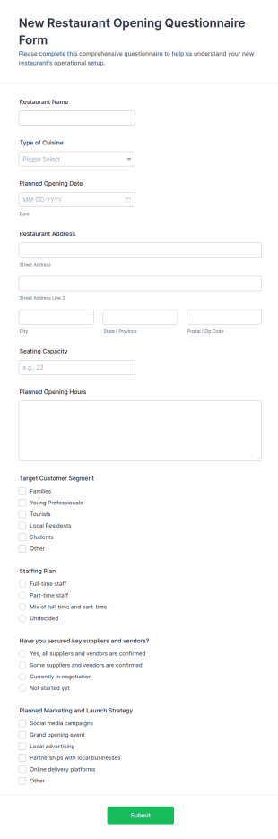 New Restaurant Opening Questionnaire Form Template
