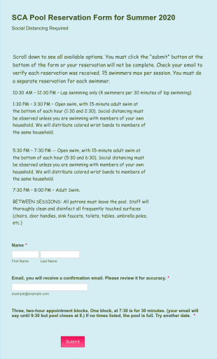 NEW SCA Pool Reservation Form For Summer 2020 Form Template