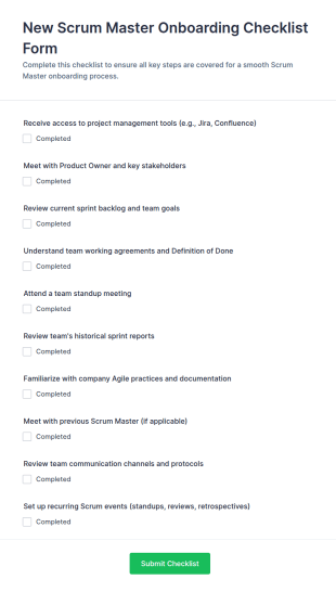 New Scrum Master Onboarding Checklist Form Template
