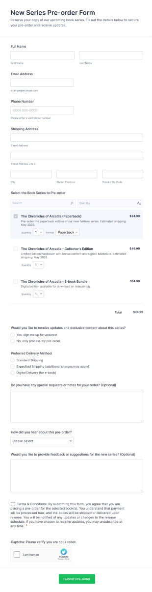 New Series Pre Order Form Template
