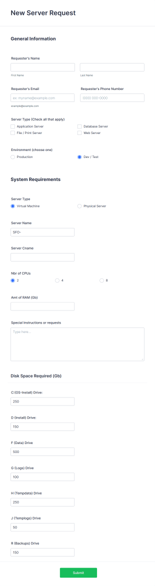 New Server Request Form Template