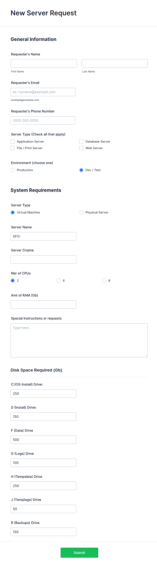 New Server Request Form Template