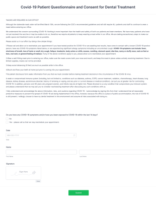 New Shortened Covid 19 Patient Questionnaire And Consent For Dental Treatment Form Template