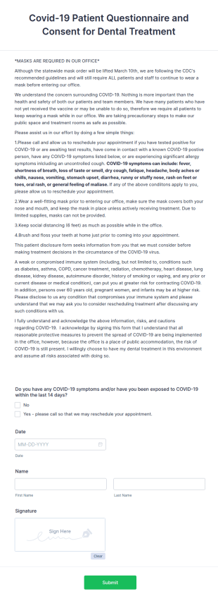 New Shortened Covid 19 Patient Questionnaire And Consent For Dental Treatment Form Template