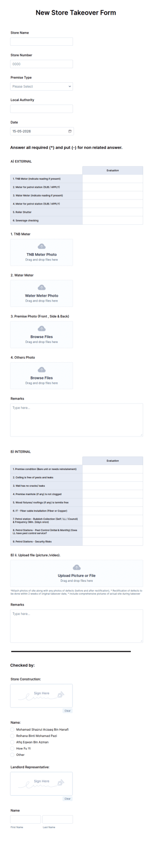 New Store Takeover Form Template