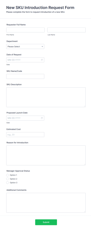 New SKU Introduction Request Form Form Template