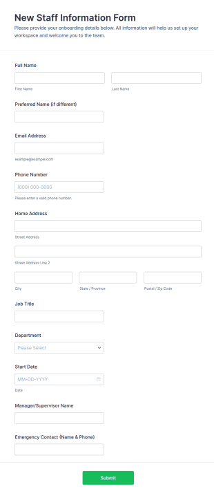 New Staff Information Form Template