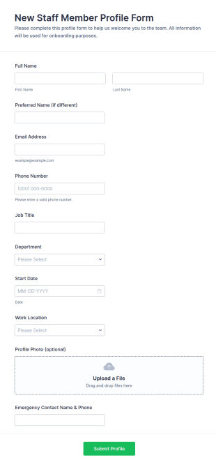 New Staff Member Profile Form Template