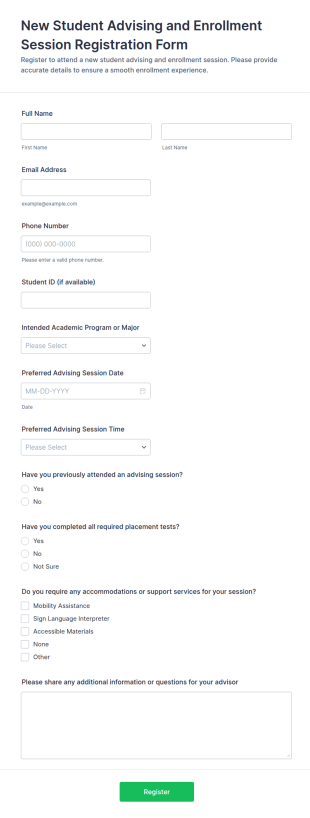 New Student Advising And Enrollment Session Registration Form Template