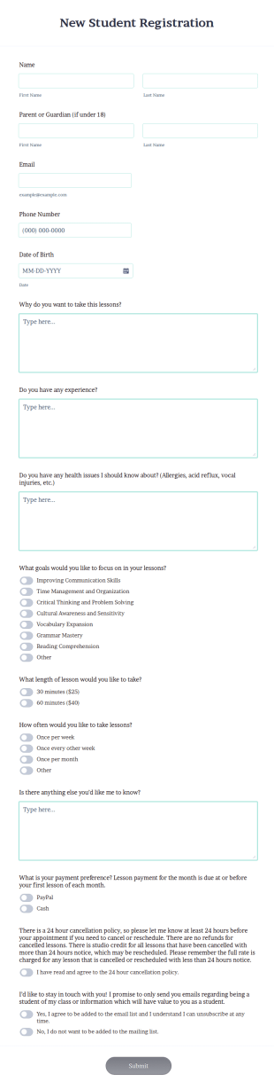 New Student Form Template