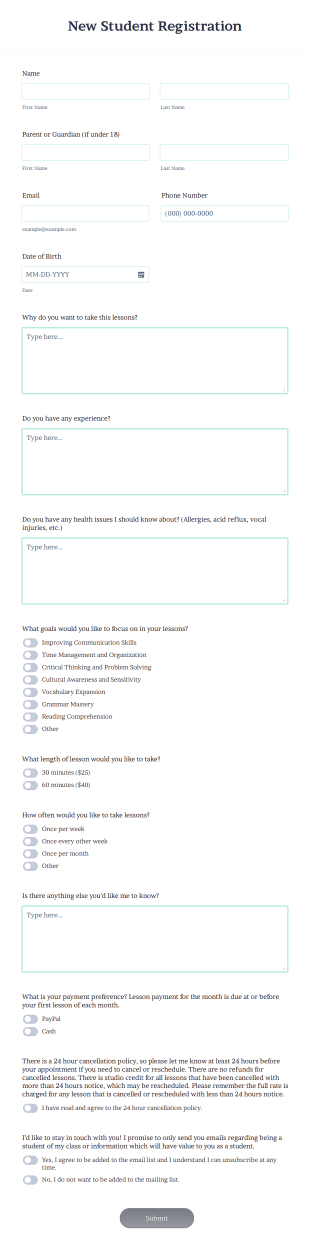 New Student Form Template