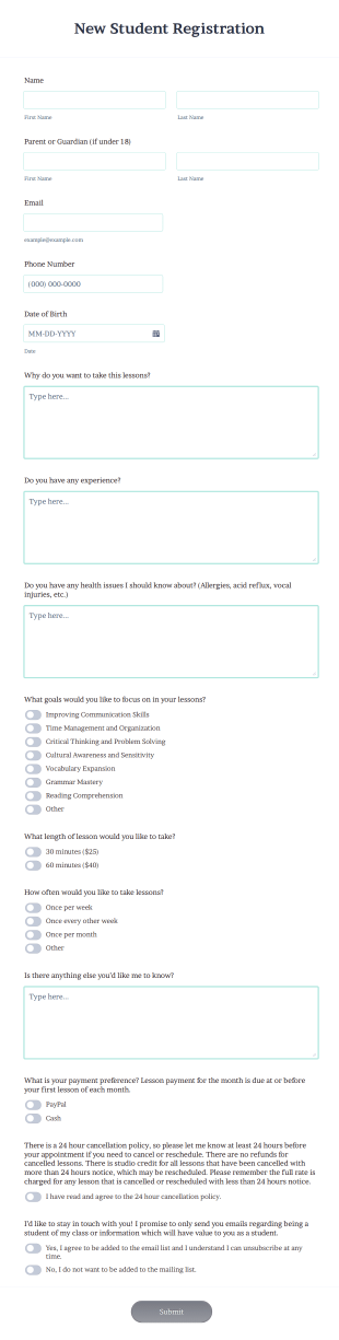 New Student Form Template