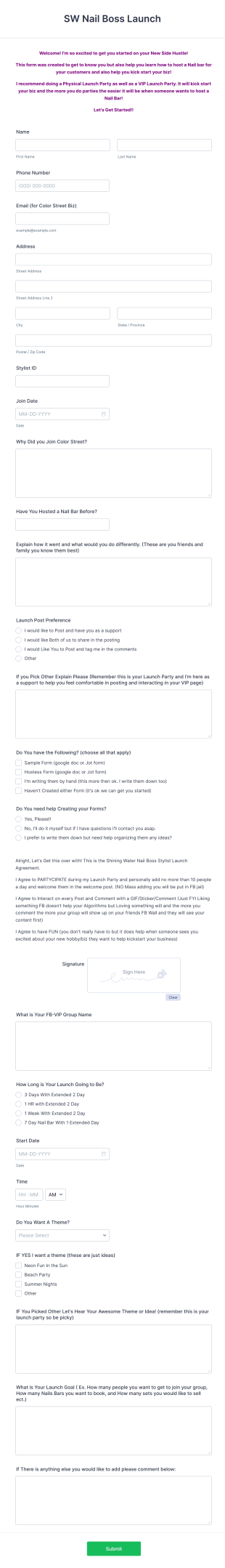 New Stylist Launch Party Planning Form Template