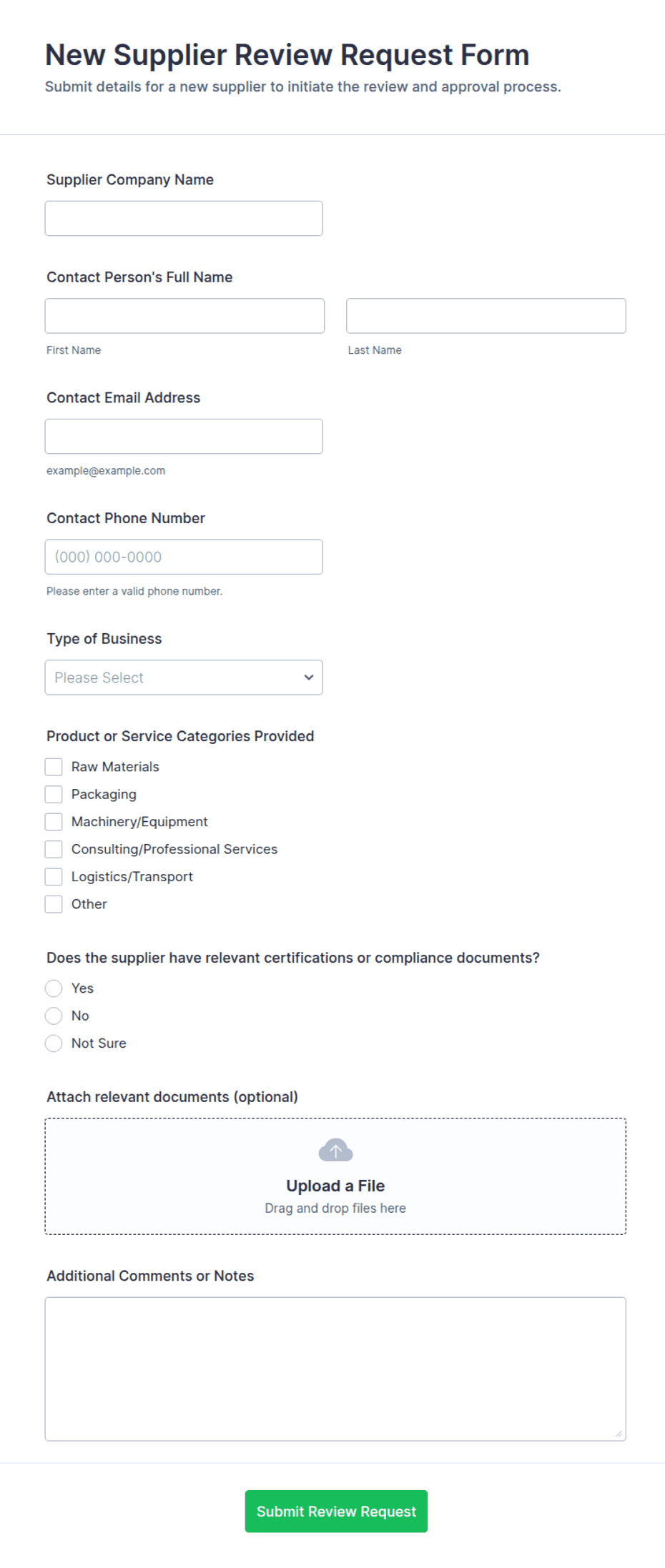 New Supplier Review Request Form Template | Jotform