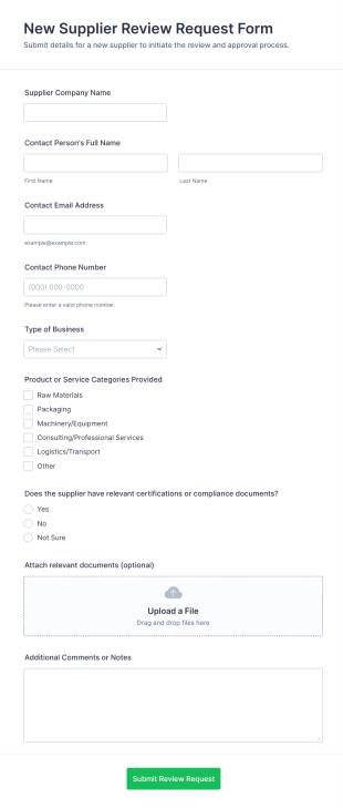 New Supplier Review Request Form Template