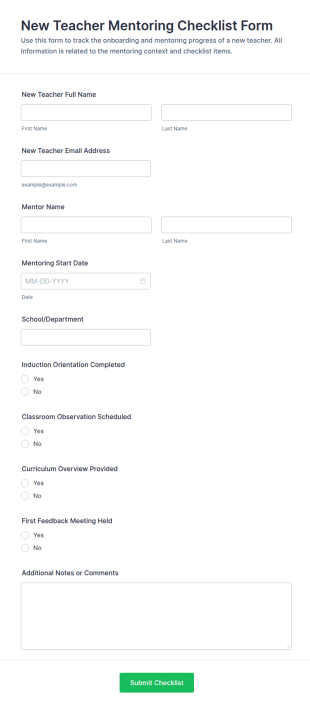 New Teacher Mentoring Checklist Form Template