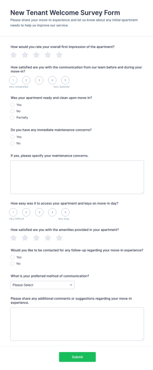 New Tenant Welcome Survey Form Template