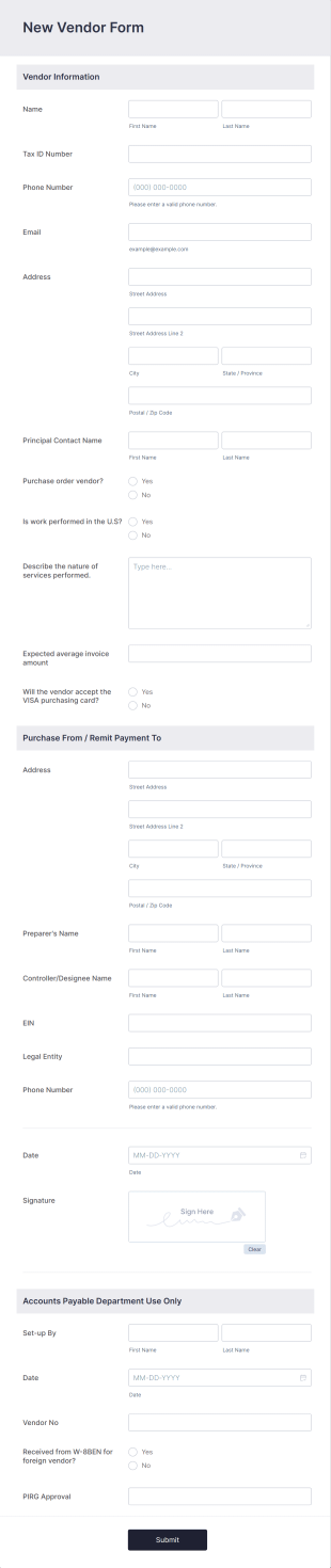 New Vendor Form Template