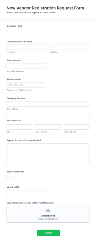 New Vendor Registration Request Form Template