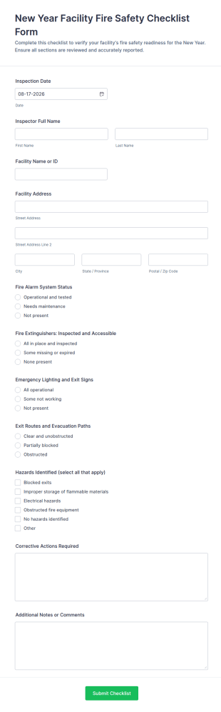 New Year Facility Fire Safety Checklist Form Template