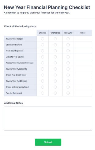 New Year Financial Planning Checklist Form Template