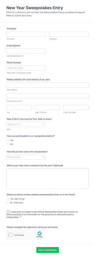 New Year Sweepstakes Entry Form Template