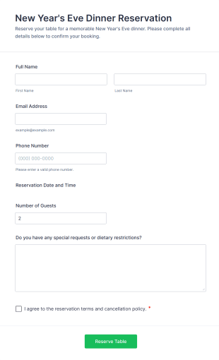 New Year's Eve Dinner Reservation Form Template