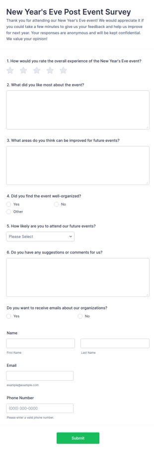 New Year's Eve Post Event Survey Form Template