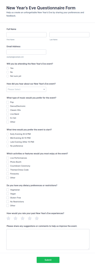 New Year’s Eve Questionnaire Form Template