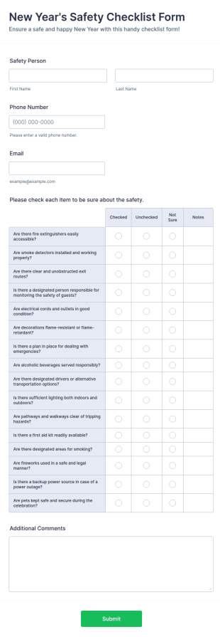 New Year's Safety Checklist Form Template