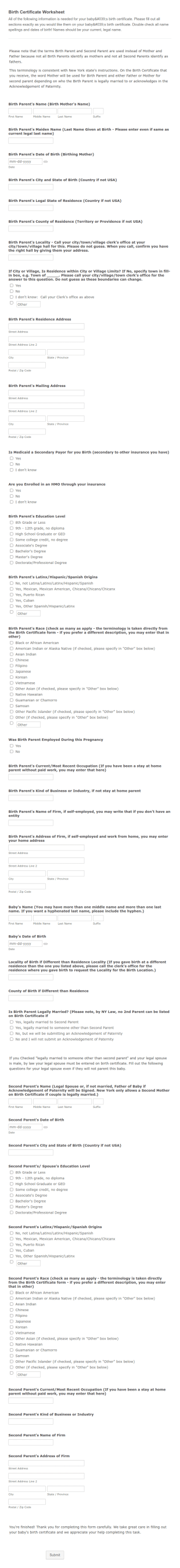 Birth Certificate Worksheet Form Template