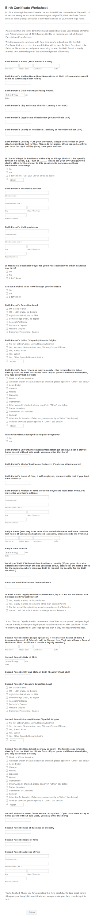 Birth Certificate Worksheet Form Template