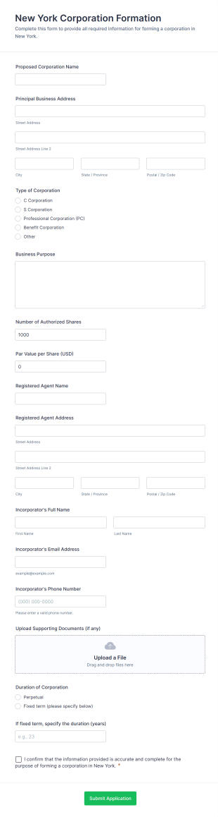 New York Corporation Formation Form Template