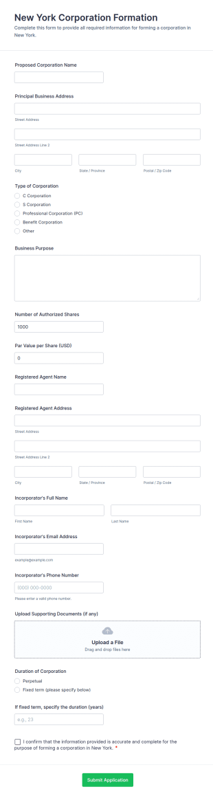 New York Corporation Formation Form Template
