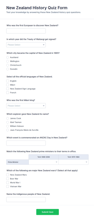 New Zealand History Quiz Form Template