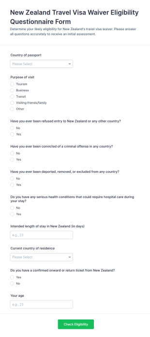 New Zealand Travel Visa Waiver Eligibility Questionnaire Form Template