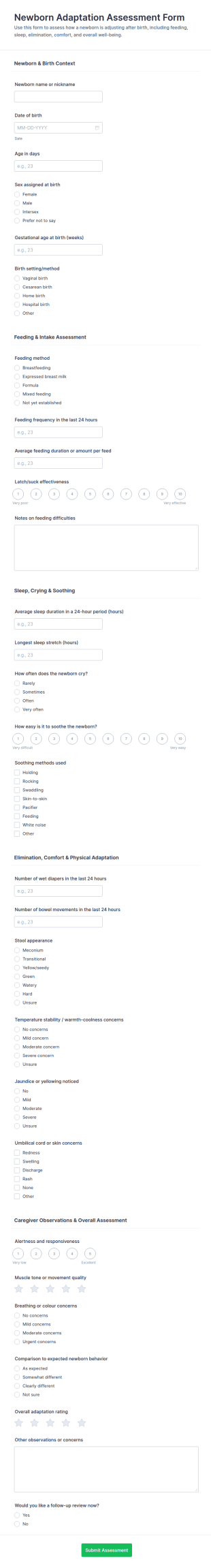 Newborn Adaptation Assessment Form Template