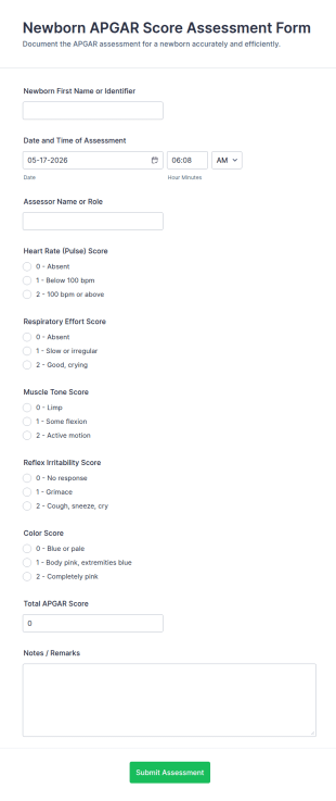 Newborn APGAR Score Assessment Form Template