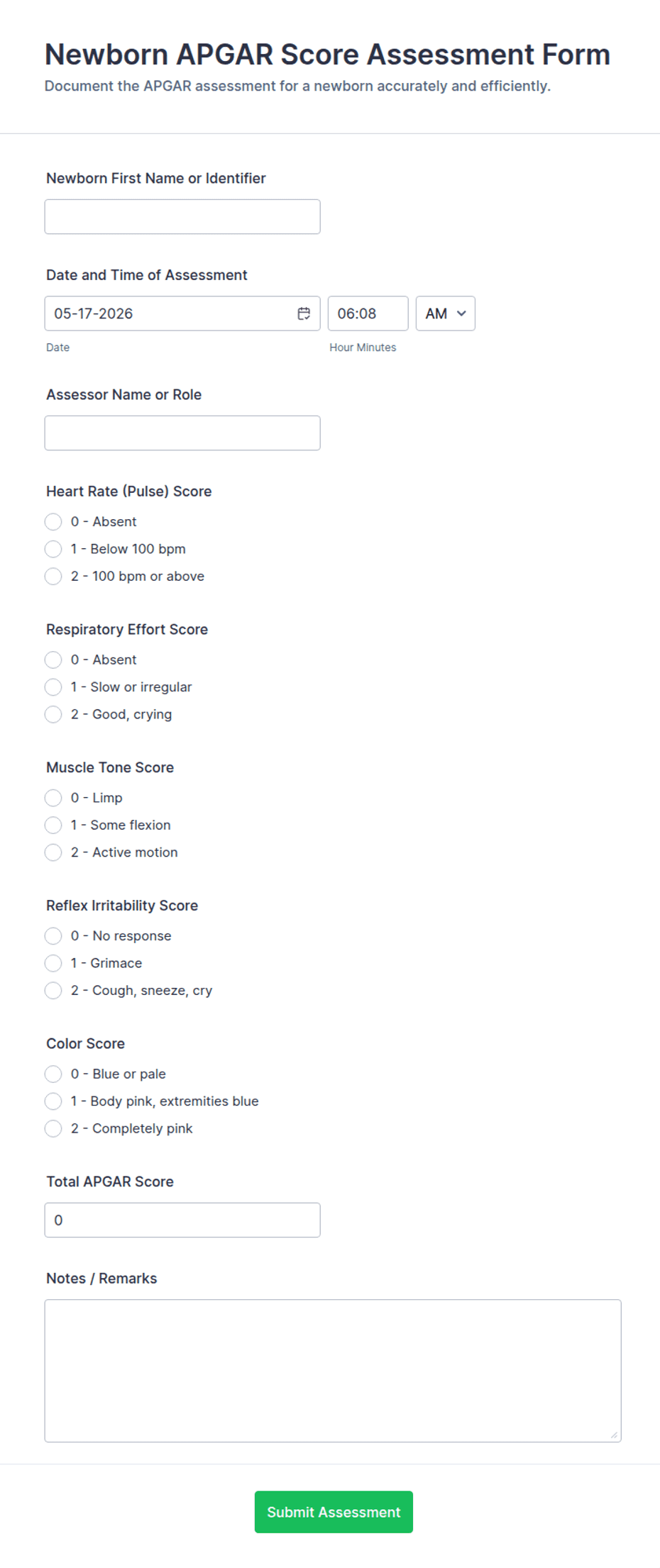 Newborn APGAR Score Assessment Form Template | Jotform