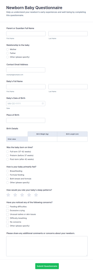 Newborn Baby Questionnaire Form Template