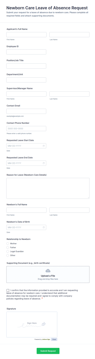 Newborn Care Leave Of Absence Request Form Template