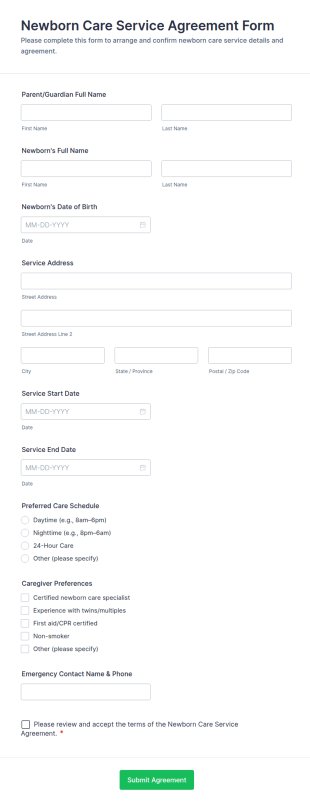 Newborn Care Service Agreement Form Template