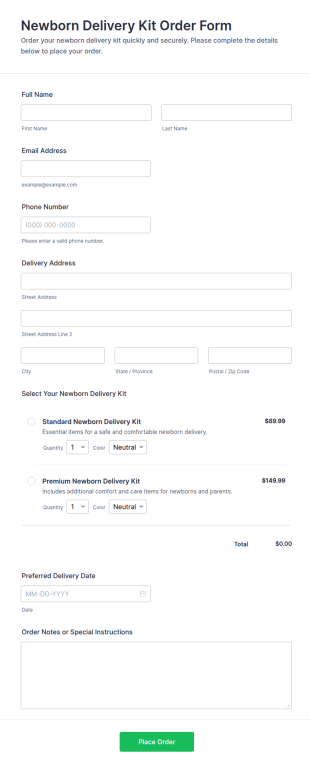 Newborn Delivery Kit Order Form Template