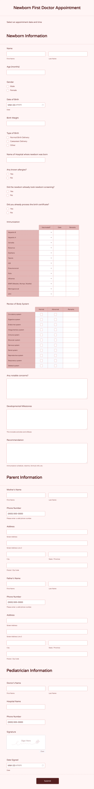 Newborn First Doctor Appointment Form Template