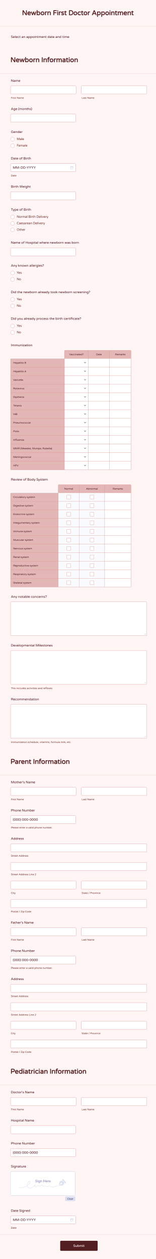 Newborn First Doctor Appointment Form Template