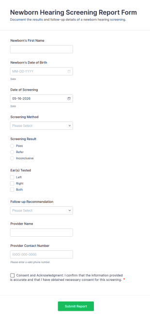 Newborn Hearing Screening Report Form Template